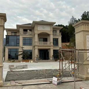 沈阳 黄金麻花岗岩别墅雕花外墙干挂配上门口雕花罗马柱