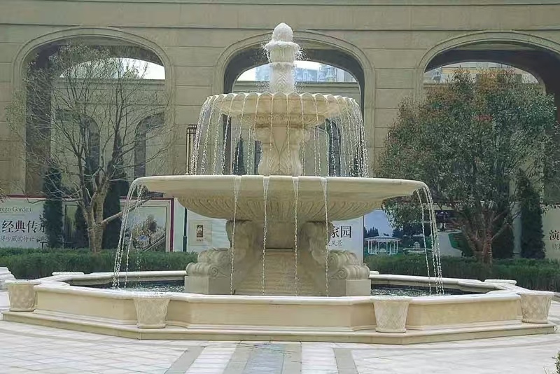 沈阳 黄金麻花岗岩异型加工——户外庭院石雕流水喷泉